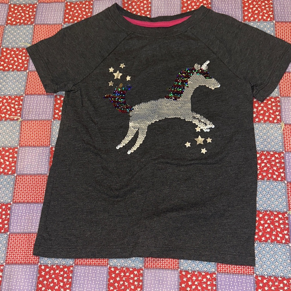 Cat & Jack Charcoal Unicorn Sequin Tee XS 4/5